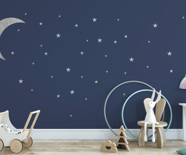 Babylove, väggklistermärke silver måne med stjärnor