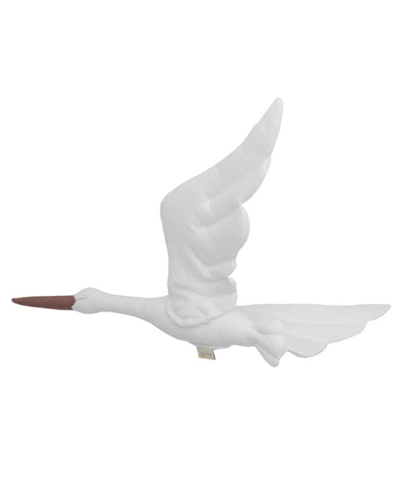Vit stork av linne, väggdekoration
