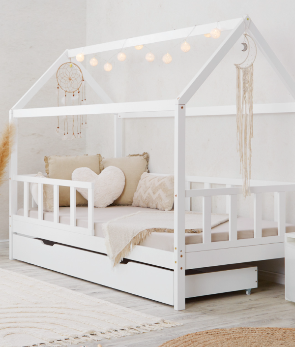 Vit Montessori hussäng 90x200 cm med förvaringslåda